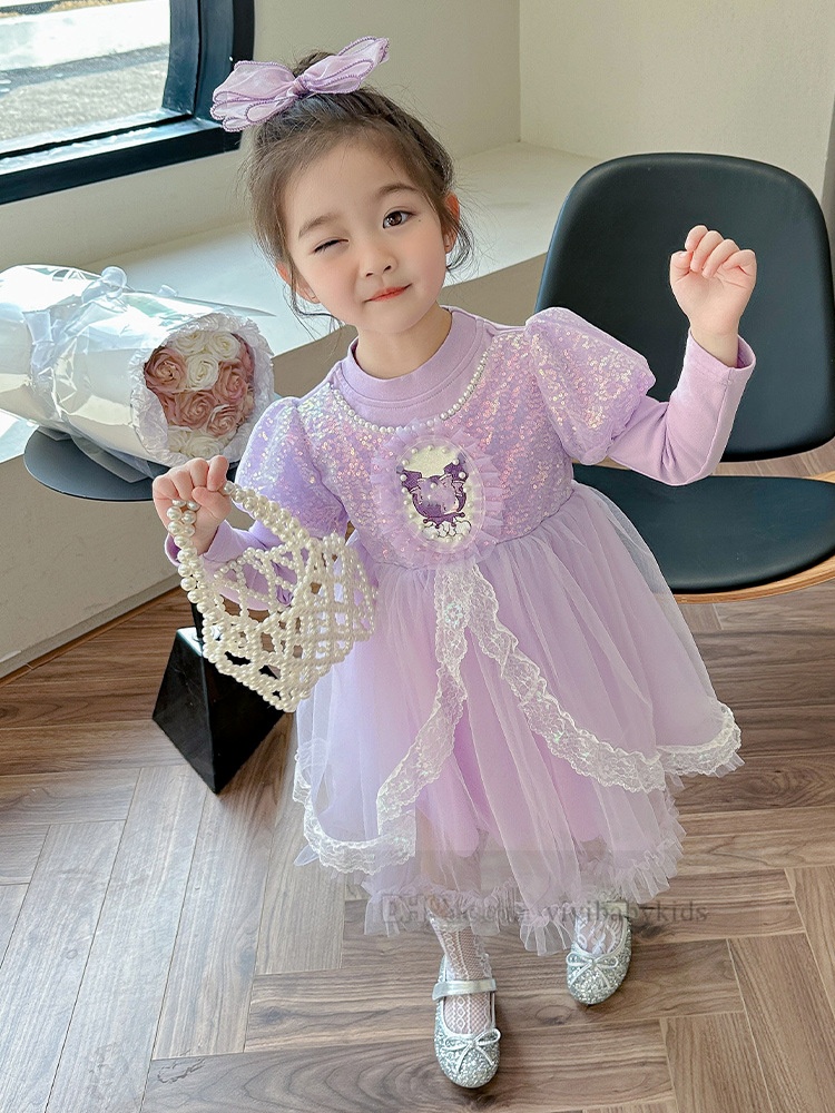 2024 Primavera ragazze paillettes manica a sbuffo vestito da partito bambini in rilievo stampato pizzo tulle vestito bambini garza vestiti da principessa Z7164