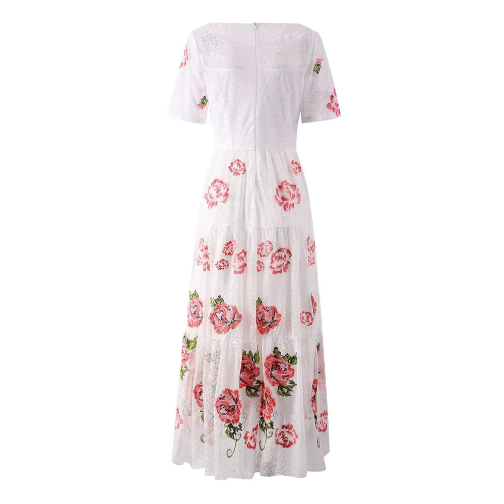 2024 Summer Embroidery Floral Print Women's Dress Stand Collar dragkedja Kortärmad Kvinnas avslappnade långa klänningar AS091