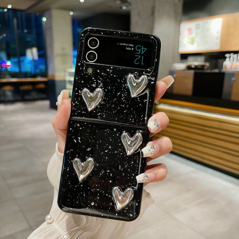 ZFlip5 3D Heart Love Hüllen für Samsung Galaxy Z Flip 5 4 3 Flip5 Flip4 Bling Lover Stars Starry Glitter Sparkle Girls Harter PC-Kunststoff, stoßfest, faltbar, modisch