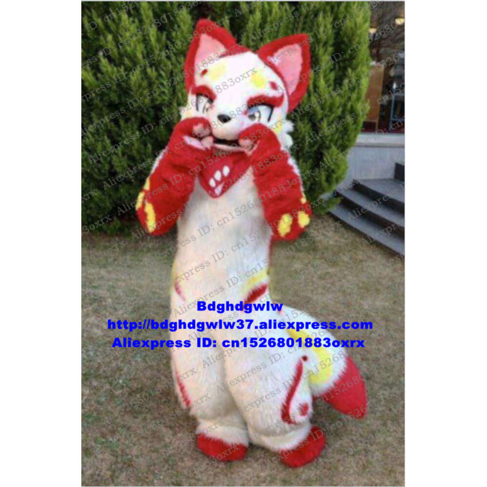 Costumes de mascotte Blanc Rouge Longue Fourrure Furry Husky Chien Fox Fursuit Costume De Mascotte Adulte Personnage De Dessin Animé Tenue Mis Sur Belle Séance Photo Zx3001