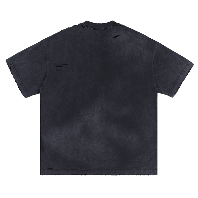Vintage Washed Hole Tshirts Cotton Black Cartoon Graffiti Short Sleeves Loose Street Men Women T-shirt