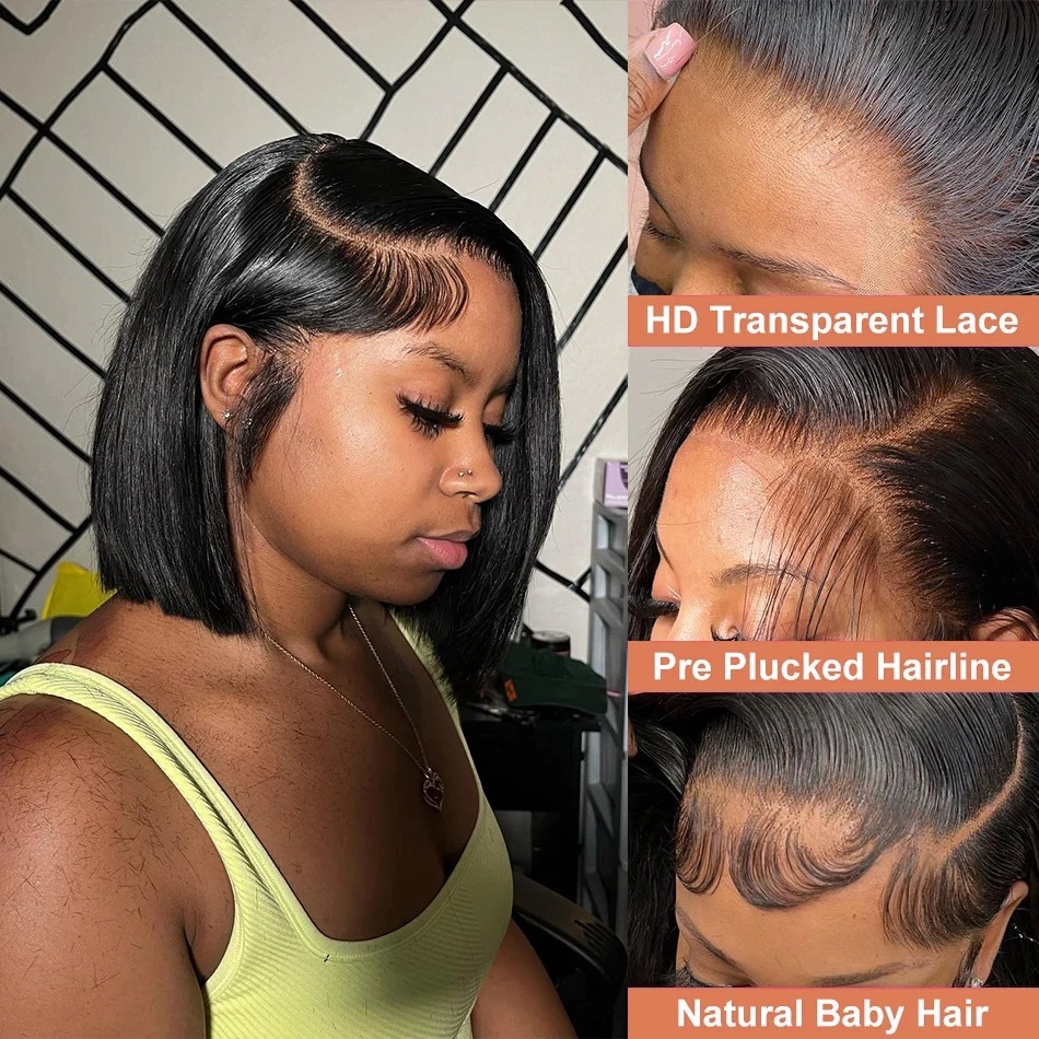 Perruque Bob Lace Frontal Wig brésilienne naturelle, cheveux lisses, HD, pre-plucked, densité 250, transparente, pour femmes