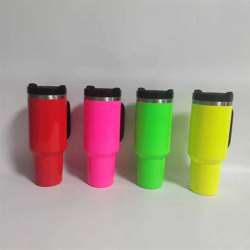 Neon Color 40 unz wielokrotnego użytku kubka fluorescencyjne kubki farby z uchwytem i słomkowym stelowym kubkiem podróżnym DIY DIY