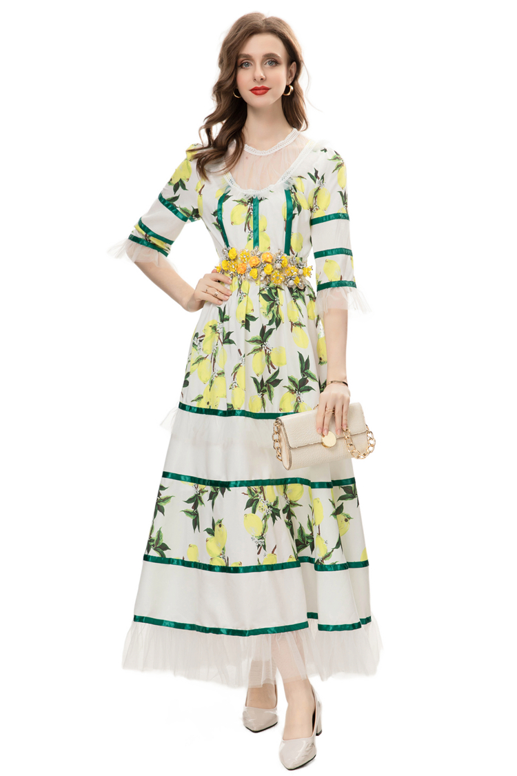Runway-jurken voor dames O-hals, 3/4 mouwen, gelaagd bedrukt, kralen, patchwork, elegante modeontwerper, maxi-vestidos