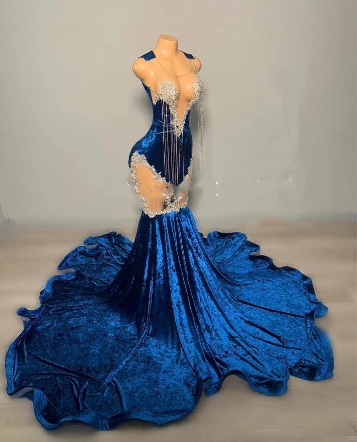 Navy Blue Velvet Long Prom Dresses For African Women 2024 Sparkly Luxury Diamond Tassel Sheer Mesh African Evening Formal Gala Gowns