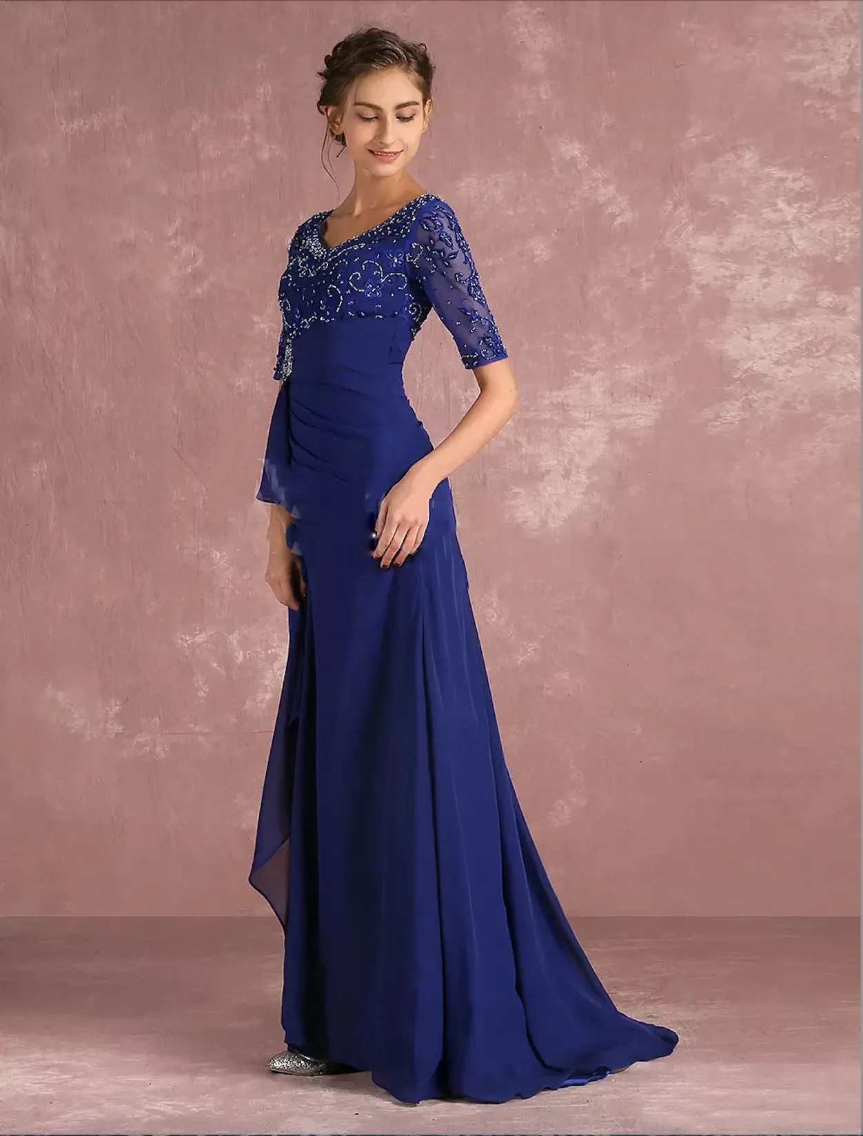 Navy Blue 1/2 Sleeve Mother of the Bride Dresses V Neck Vintage Lace Floor Length Formal Evening Party Wear