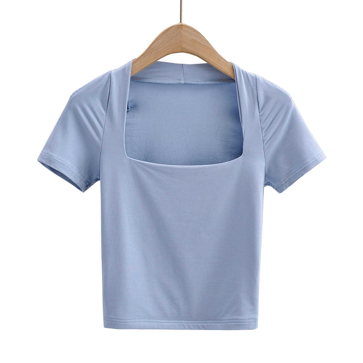 American ins low cut square neck slim exposed navel short T-shirt womens summer new elastic slim solid color short sleeve top fashion