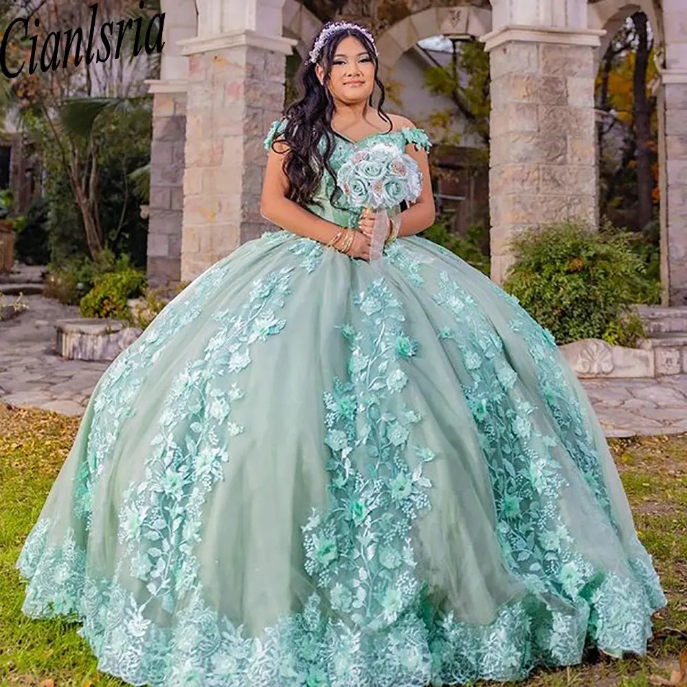 Mint Green 3D Flowers Off The Shoulder Quinceanera Dress Ball Gown Appliques Lace Princess Sweet 15 16 Birthday Party Formal