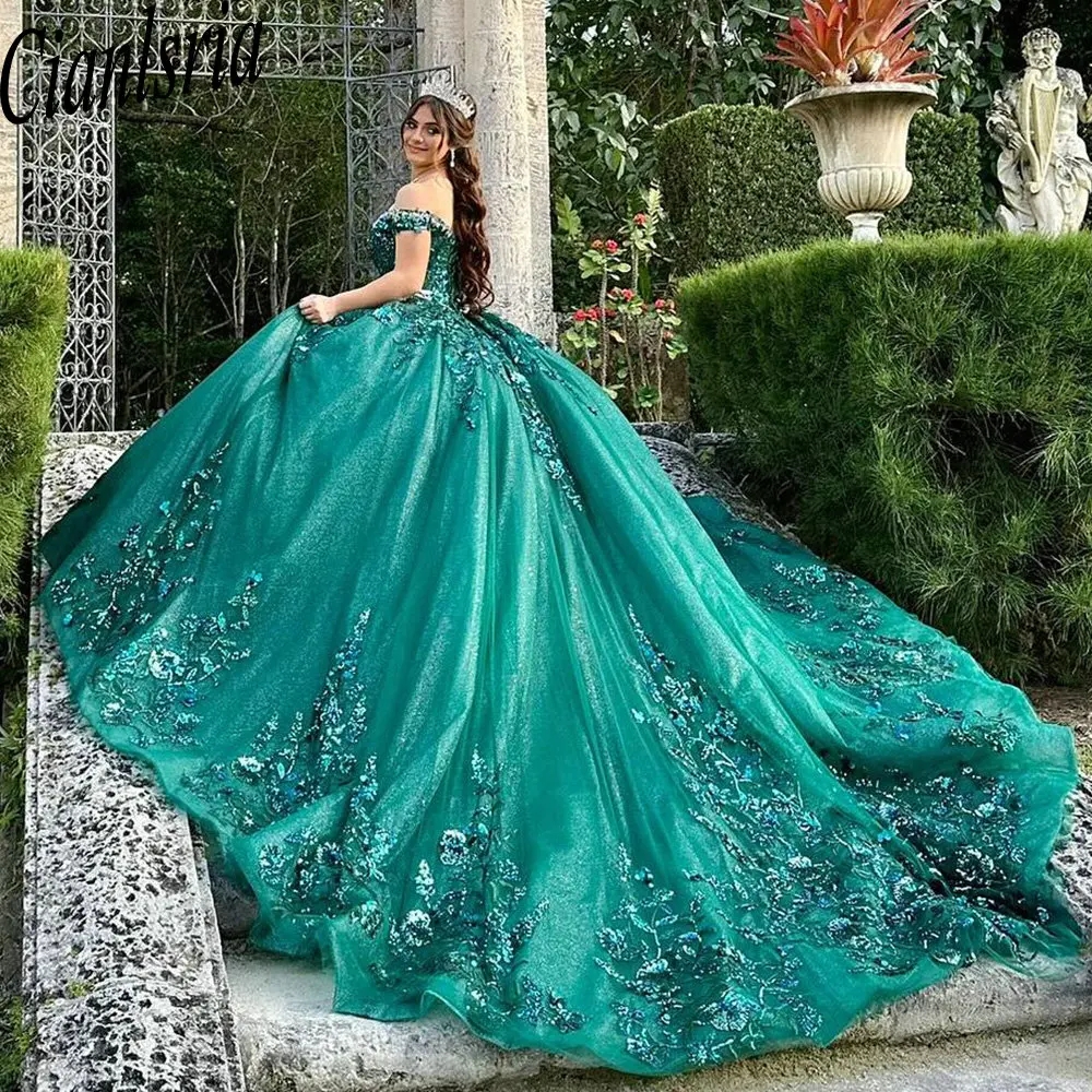 Smaragdgrünes 3D-Blumen-Perlen-Kristall-Quinceanera-Kleid, Ballkleid, Pailletten-Applikationen, Spitze, Prinzessin, süßer 15./16. Geburtstag