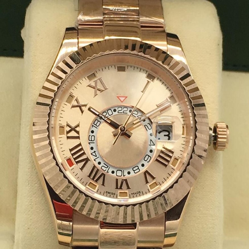 Роскошные часы высокого качества Sky Dweller из 18-каратного розового золота, браслет с золотым циферблатом 326935, механические автоматические мужские часы, римские цифровые238y