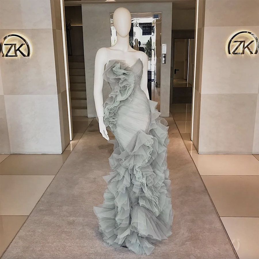 Nane Yeşil Denizkızı Prom Elbiseler Straplez Çiçek Ruffles Katmanlı Yolcu Tül Balıktail Gece Elbise Kadın Pageant önlükleri