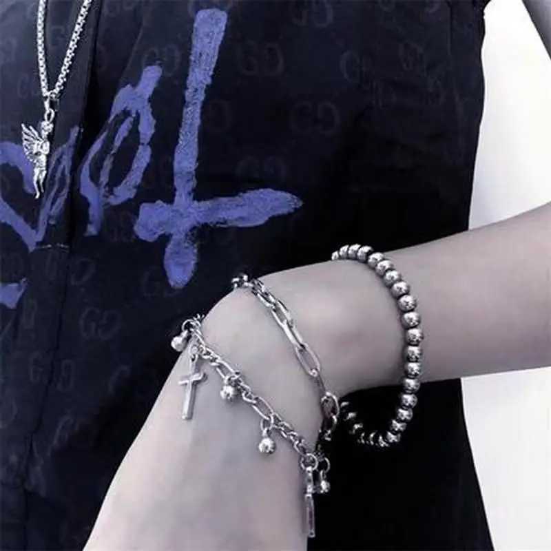 Bangle Gothic Hip Hop Metal Cross Pendant Charm Bracelet for Women Female Beads 2 Layering Linked Chain Bracelets Cool Jewelry GiftL2403