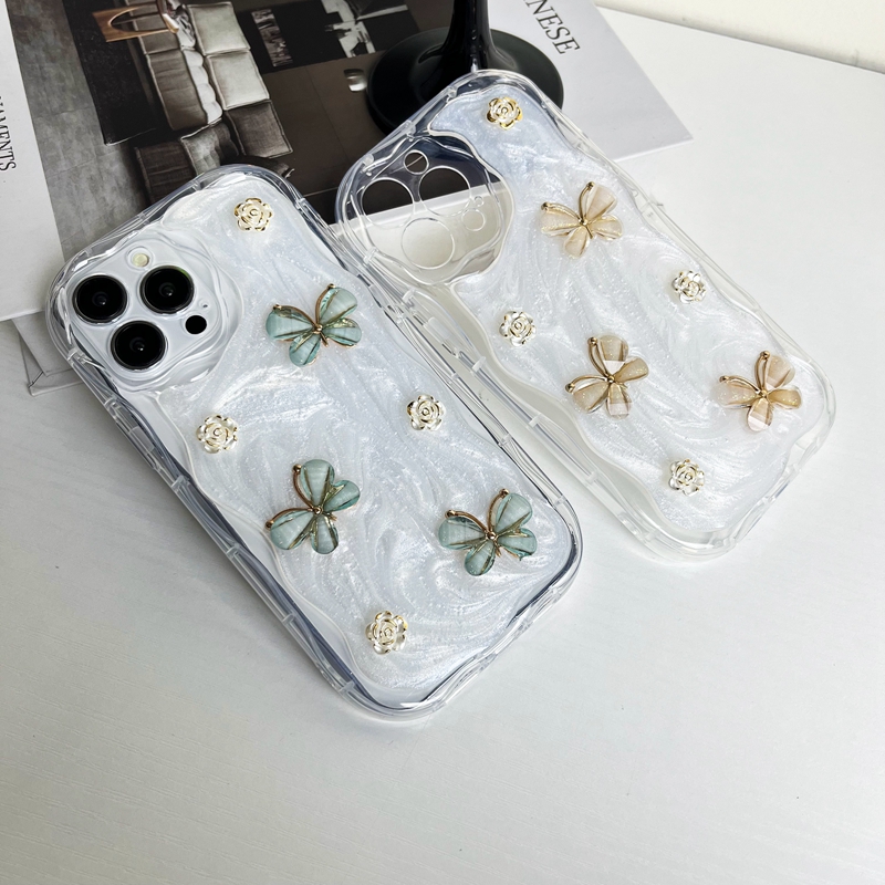 Niedliche 3D-Schmetterlings-Rosen-Blumen-weiche TPU-Hüllen für iPhone 15 Pro Max 14 Plus 13 12 11 XR X XS MAX Wave Side Fashion Bling Dripping Glue Cream Stoßfeste Handyhülle