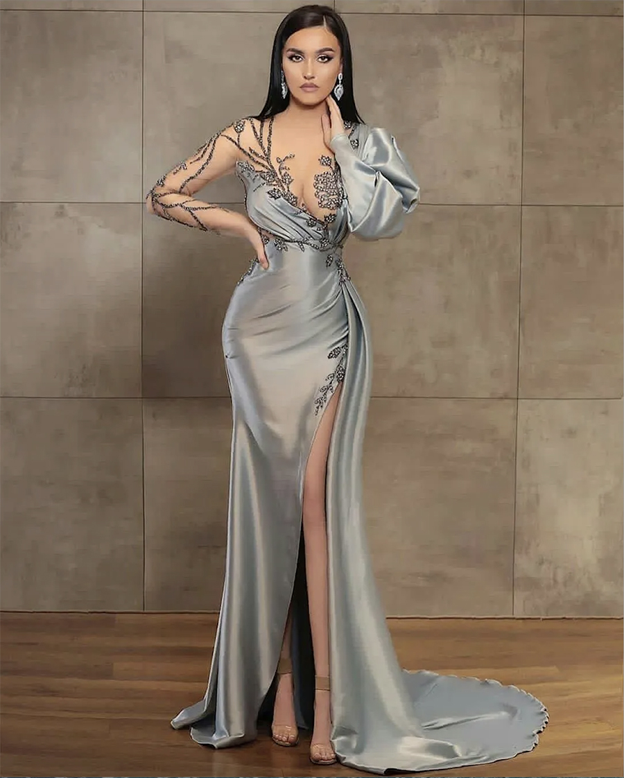 2024 Silver Sheath Long Sleeves Evening Dresses Wear Illusion Crystal Beading High Side Split Floor Length Party Dress Prom Gowns Open Back Robes De Soiree