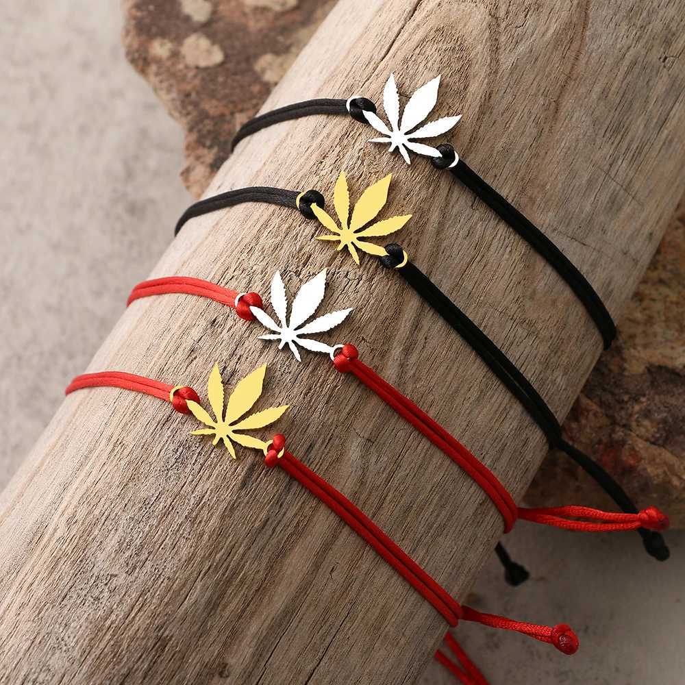 Pulseira de aço inoxidável pulseiras maple leaf amuleto mão trançada sorte preto vermelho corda moda charme pulseira para mulheres jóias presentesl2403