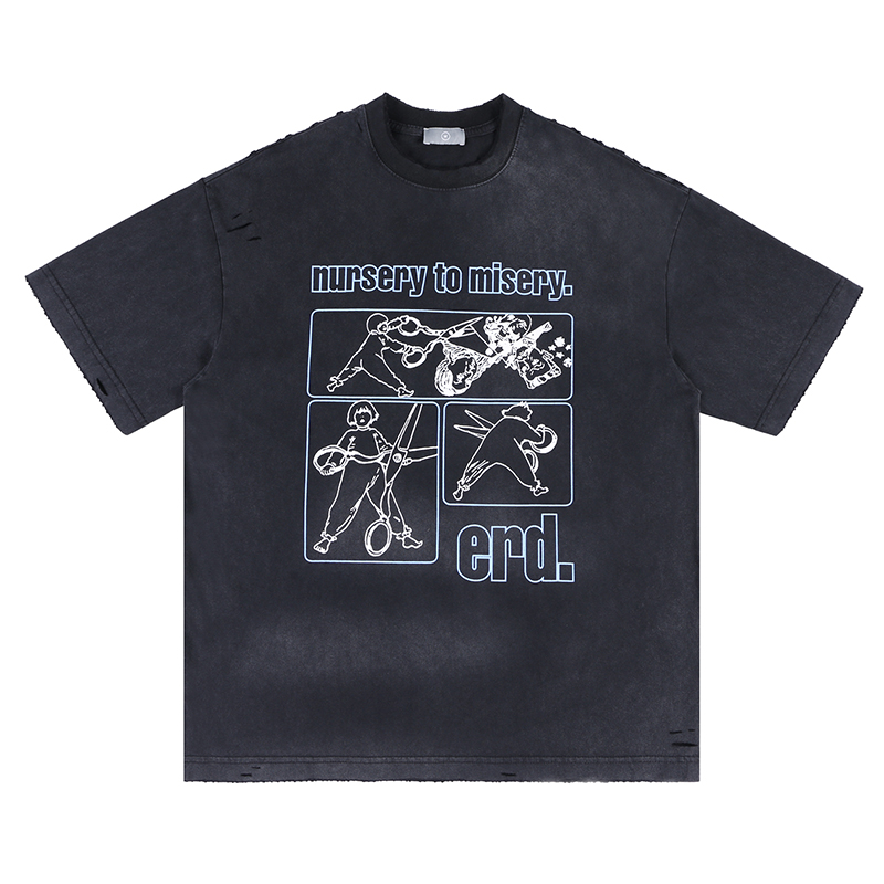 Vintage lavé trou t-shirts coton noir dessin animé Graffiti manches courtes rue ample hommes femmes T-shirt