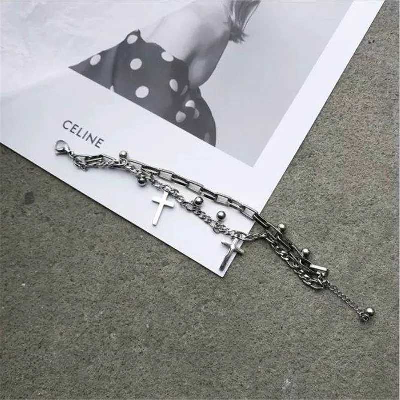 Bangle Gothic Hip Hop Metal Cross Pendant Charm Bracelet for Women Female Beads 2 Layering Linked Chain Bracelets Cool Jewelry GiftL2403