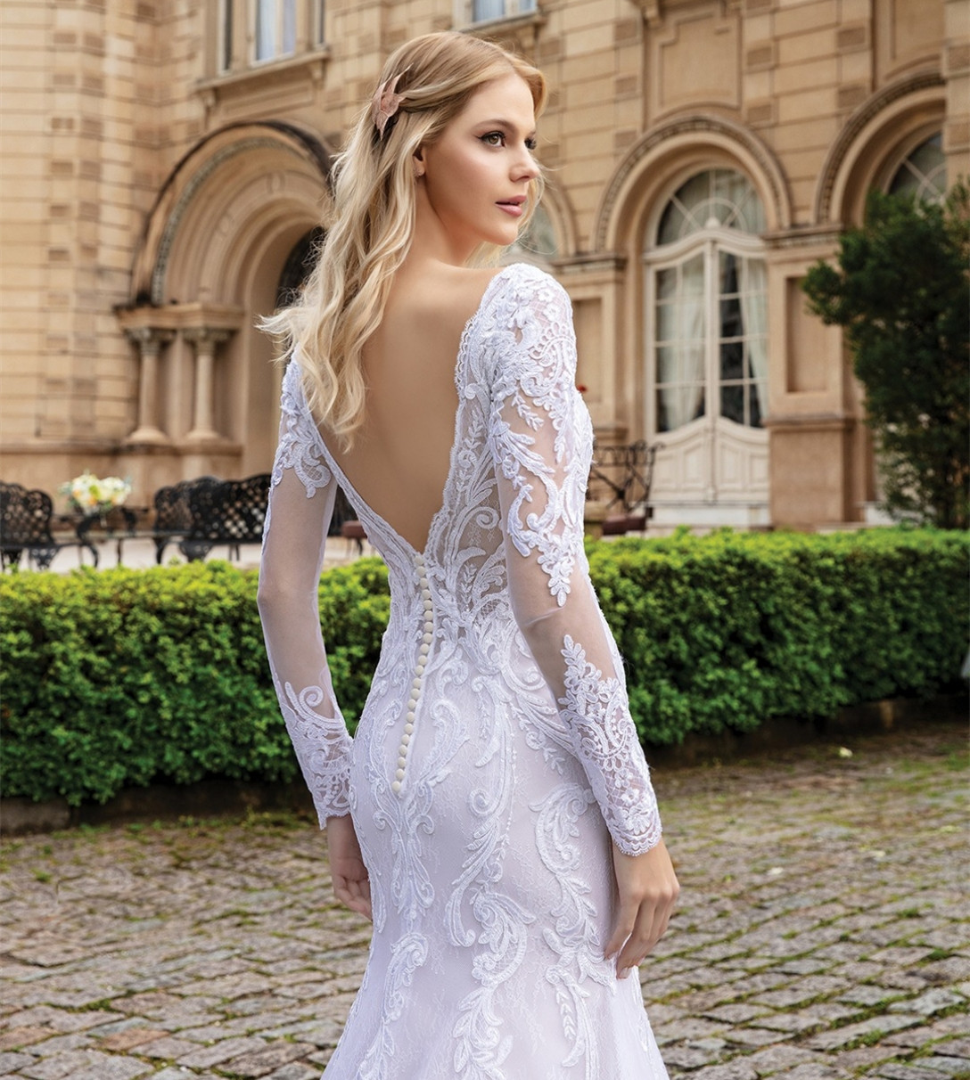 Robes de mariée élégantes à manches longues en dentelle et col en V sirène boutons en tulle blanc dos balayage train robes de Novia Abendkleider robes de mariée pour les femmes