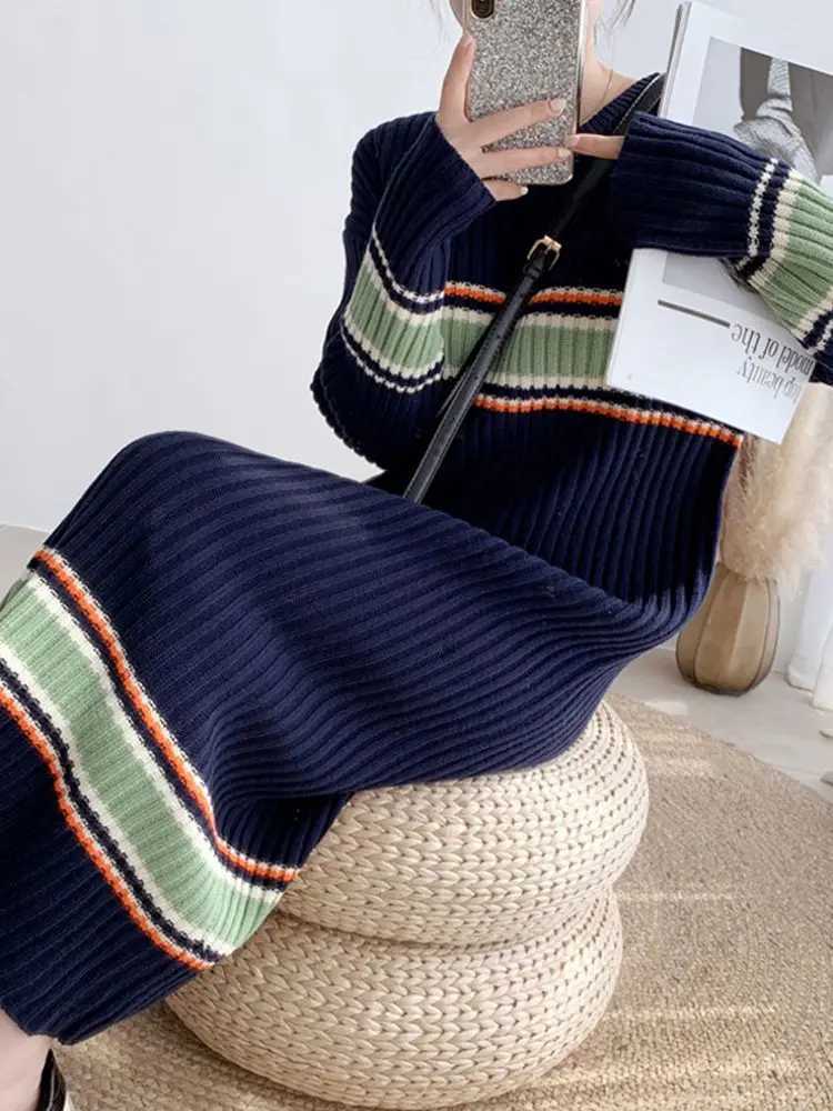 Basic Casual Dresses Korean style fashionable round neck long sleeved knitted dress 2023 women new mid length woolen dress loose straight tube skirtL2403