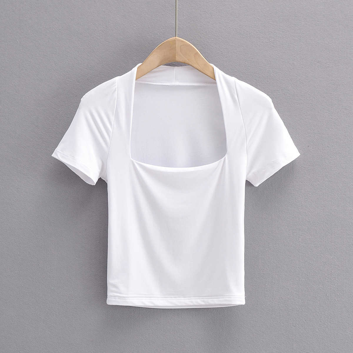 American ins low cut square neck slim exposed navel short T-shirt womens summer new elastic slim solid color short sleeve top fashion