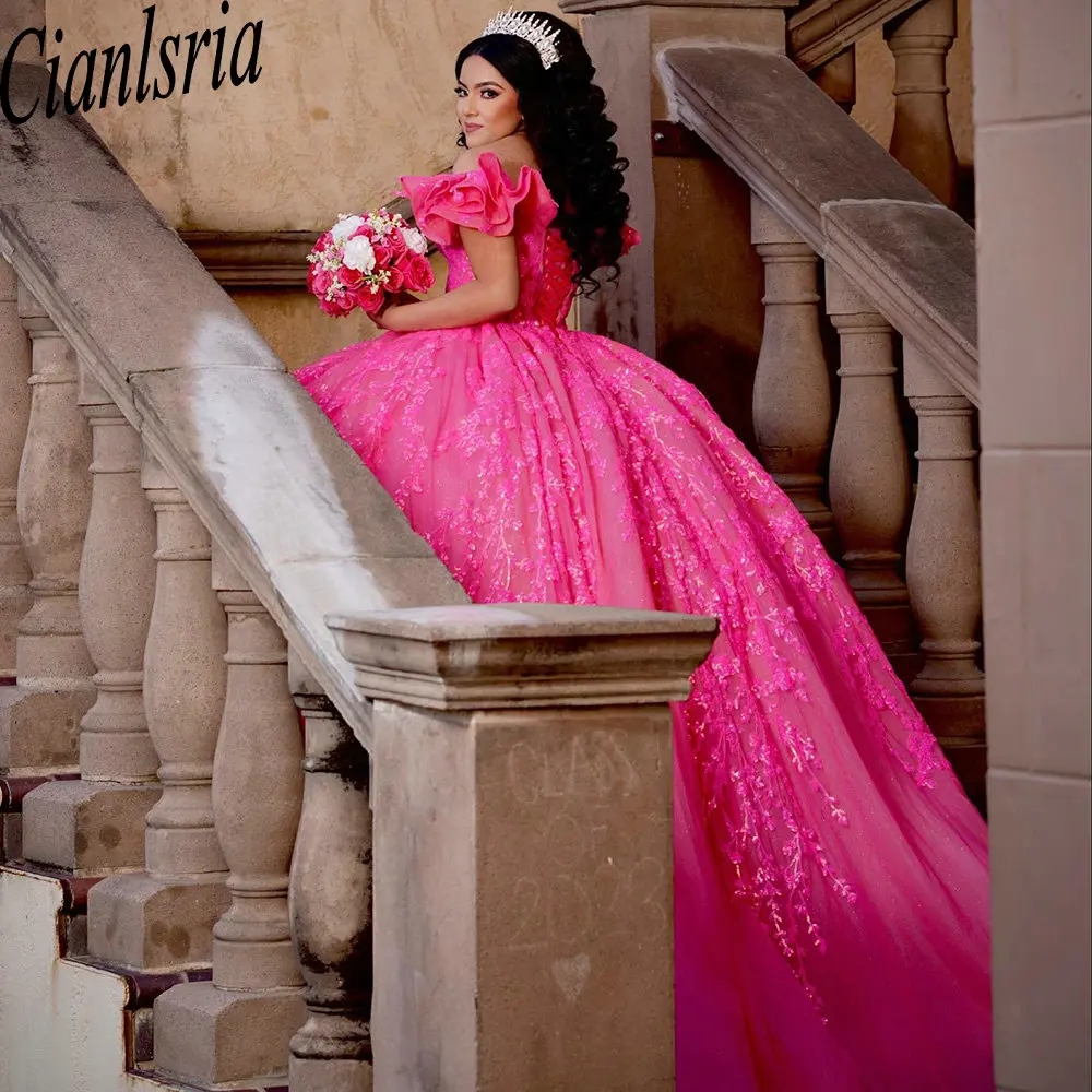 Fuchsia Off The Shoulder Ruffles Quinceanera Dresses Ball Gown Sequined Appliques Lace Sweet 15 Birthday