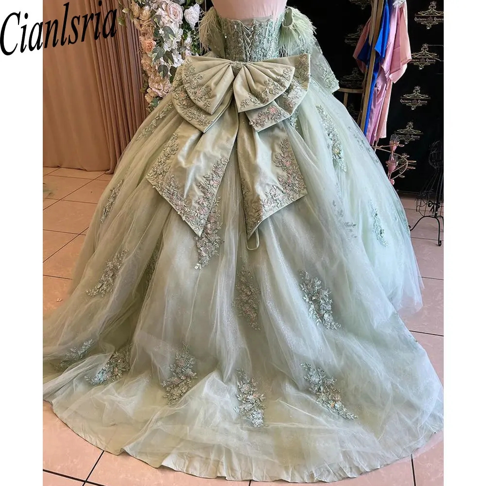 النعناع الأخضر قبالة ريش الكتف Quinceanera brall ball ثوب الزائفة الدانتيل القوس الأميرة الحلو 15 16 حفلة عيد ميلاد رسمية