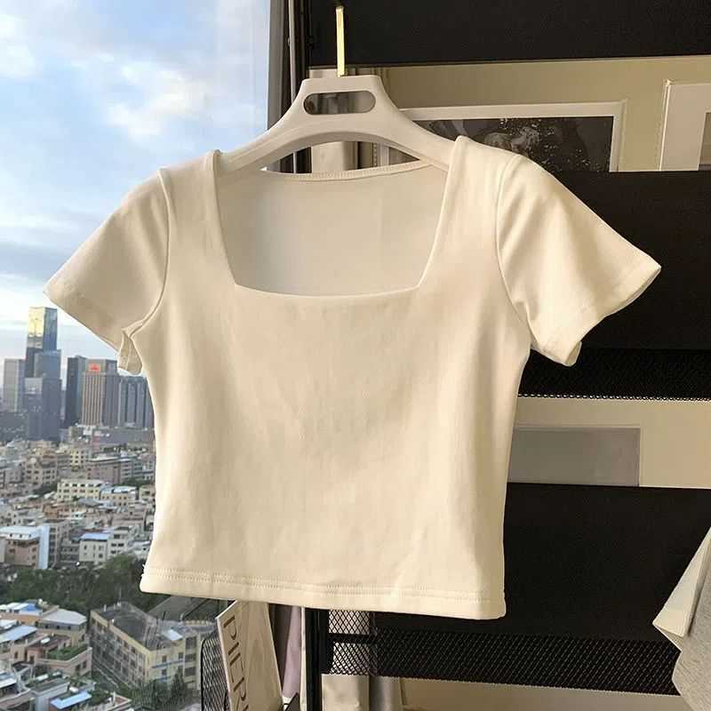 American style square neck shoulder length short sleeved T-shirt womens 2024 summer new slim fit revealing navel spicy girl short top ins