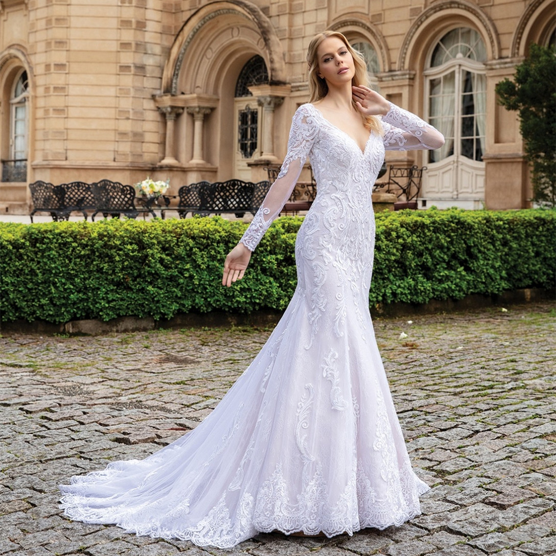 Robes de mariée élégantes à manches longues en dentelle et col en V sirène boutons en tulle blanc dos balayage train robes de Novia Abendkleider robes de mariée pour les femmes