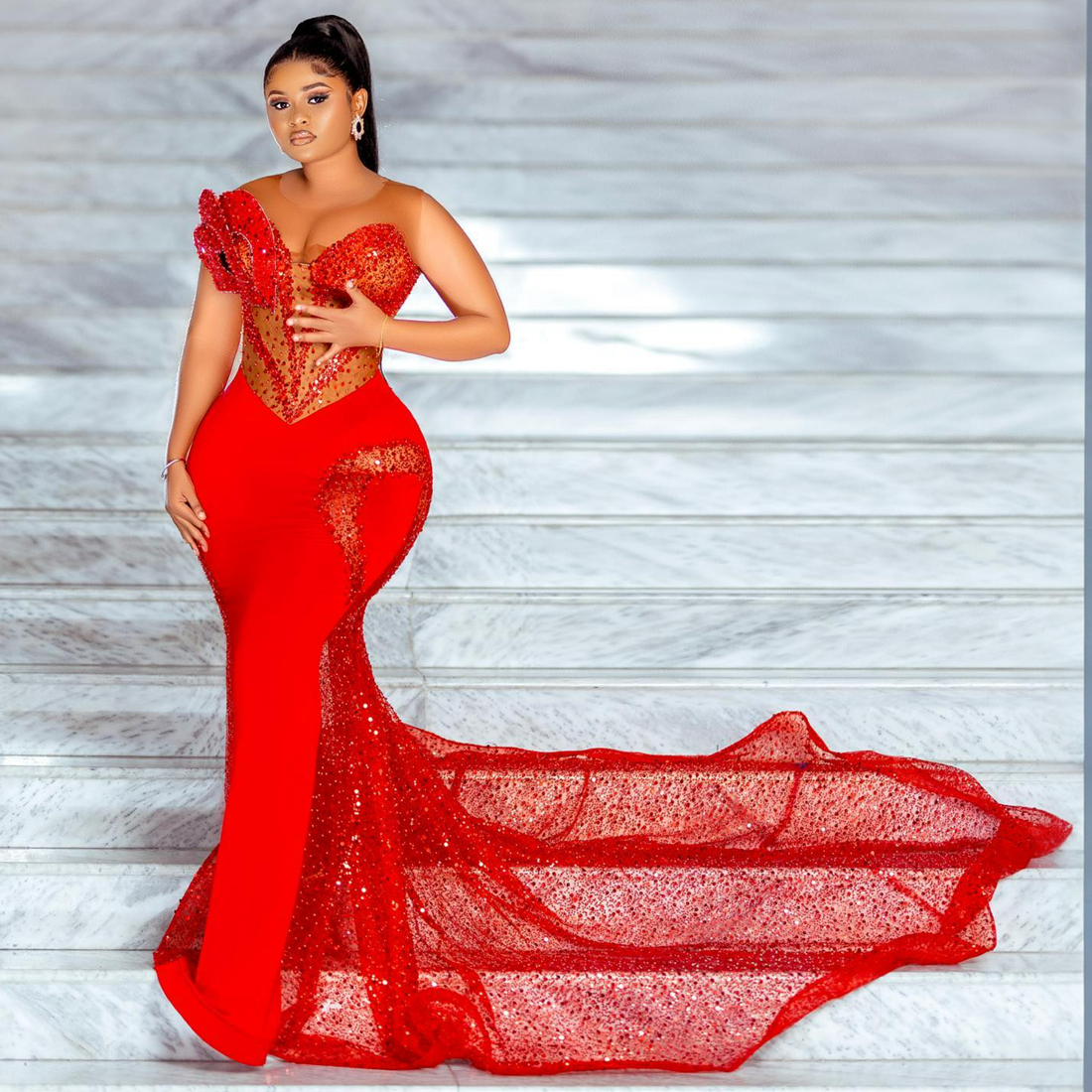 2024 African Red Promdress Prom Dresses for Black Women Illusion Mermaid Evening Dresses for Special Occasions Sequined Lace Beaded Birthday Engagement Gown AM521