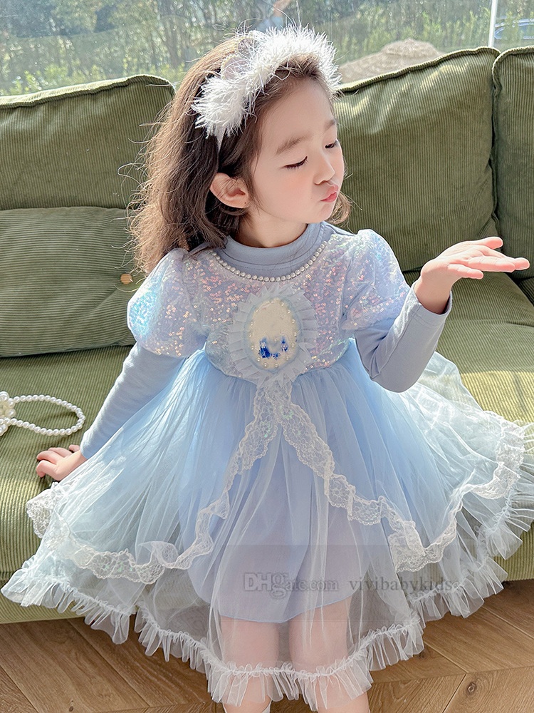 2024 Primavera ragazze paillettes manica a sbuffo vestito da partito bambini in rilievo stampato pizzo tulle vestito bambini garza vestiti da principessa Z7164