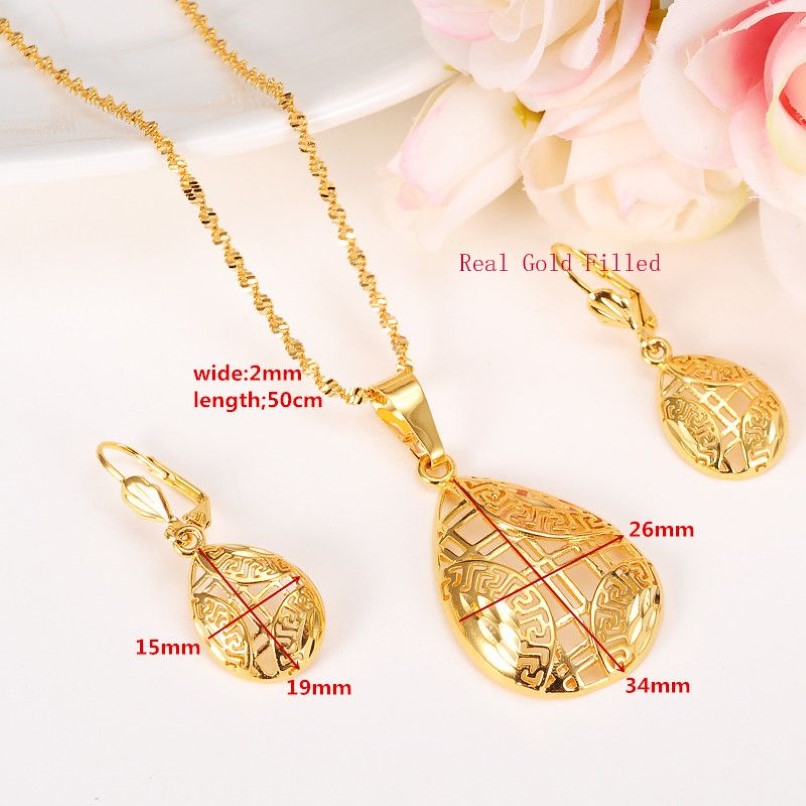 Set di gioielli Eleganza Collana Orecchini Fine 24k Reale Solido Oro giallo GF Fidanzata Innamorati Figlia Regali di nozze New314s