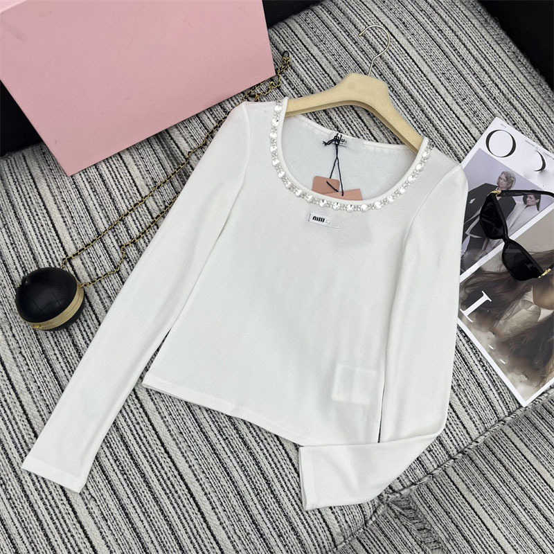 Women's T-Shirt designer Early Spring New Nanyou Miu Style Versatile Letter Embroidery Heavy Industry Nail Diamond Neckband Long sleeved Bottom Shirt for Women ZV0Z