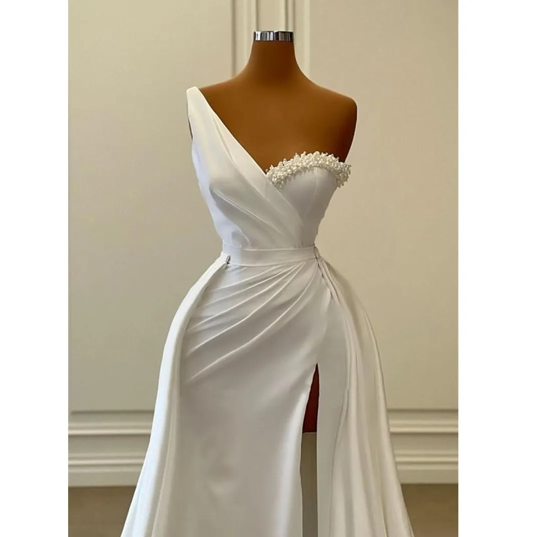 White One Shoulder Sleeveless Satin Split Prom Dresses 2024 Beading Arabic Long Evening Gown Robe de soiree