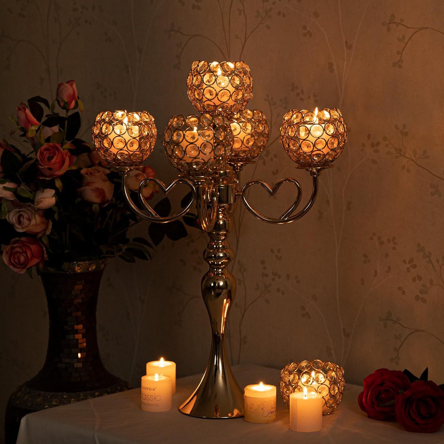 Stół ślubny Centerpies Candlesticks 5-ramię metalowy kryształ świecy Candelabra na wystrój domu walentynki