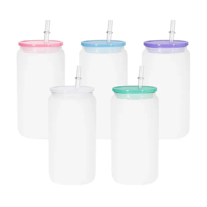 Lege sublimatie 16oz glazen blik met PP-deksels Tumbler-vormige fles met deksel en rietje Zomerdrinkgerei Mason Jar Sapbeker Z11