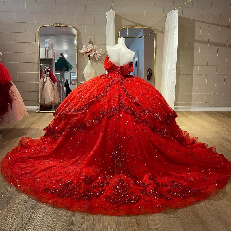 Vermelho glitter cristal lantejoulas vestido de baile quinceanera vestidos fora do ombro miçangas tull espartilho vestidos de 15 anos