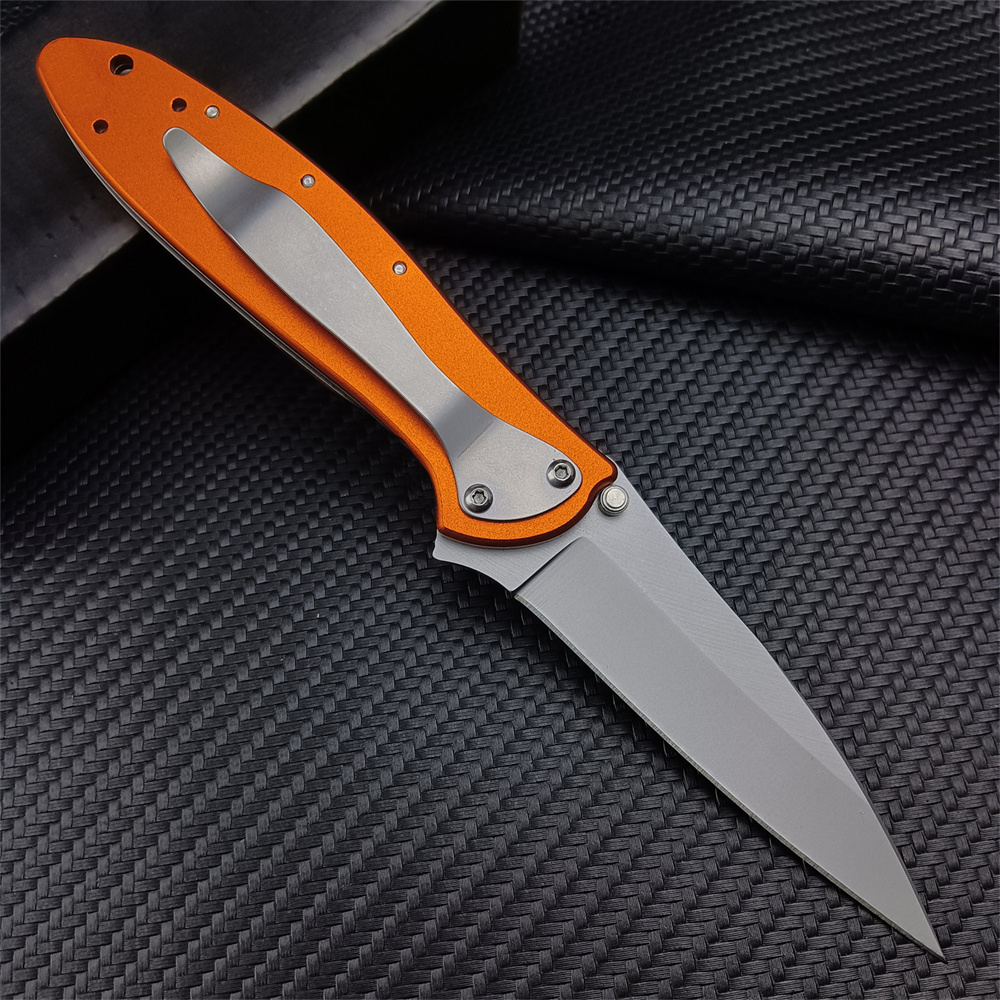 KS Outdoor Couteau de poche poireau orange/vert, manche en acier inoxydable à lame unie de 3 pouces, couteau pliant de camping de chasse tactique pour hommes