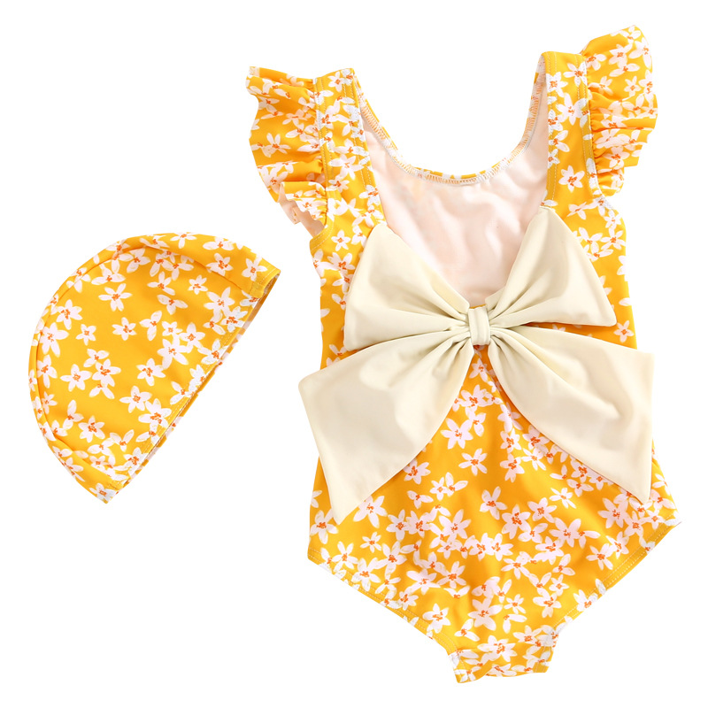INS Girls floral printed one-piece swimsuit kids big Bows backless falbala fly sleeve bathing costume summer girls holiday SPA beach swimming Z7195