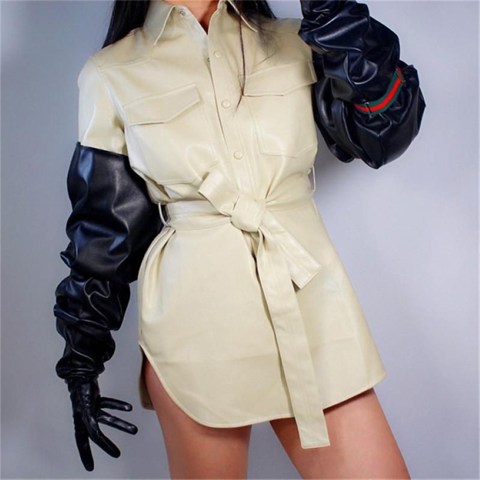 Five Fingers Gloves Touchscreen Long 85cm Large Sleeve Wide Cuff Balloon Puff Sleeves Simulation Leather Women XL Size WPU1661296y