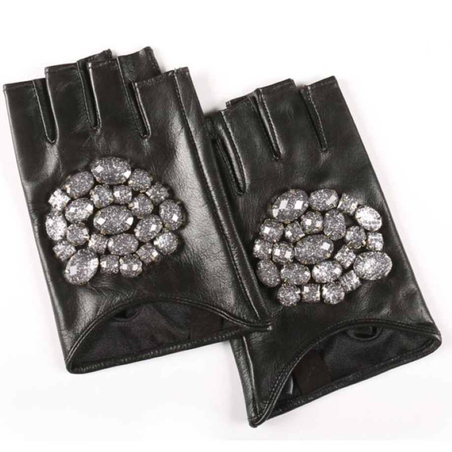 Fashion-2018 Rhinestone Inlay Fingerless Leather Gloves Casual Trendy High Quality Autumn Women All-mathch BE489231a