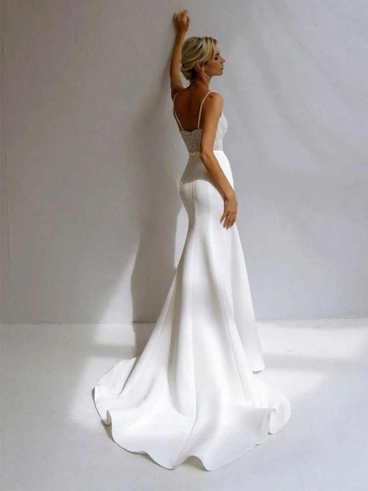 Elegant Luxury Sexy Pearl Mermaid Wedding Dresses Spaghetti Straps Sweetheart Pearls Satin Bridal Gowns Custom Made Dress Vestido YD