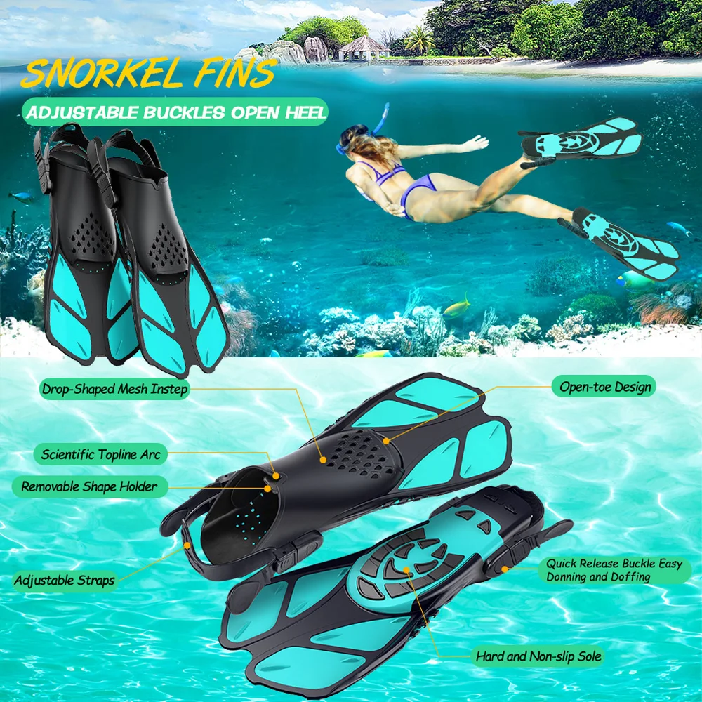 Pinne snorkeling Fibbie regolabili Pinne nuoto Scarpe corte in silicone immersioni Tacco aperto Taglia da viaggio Uomo adulto Donna