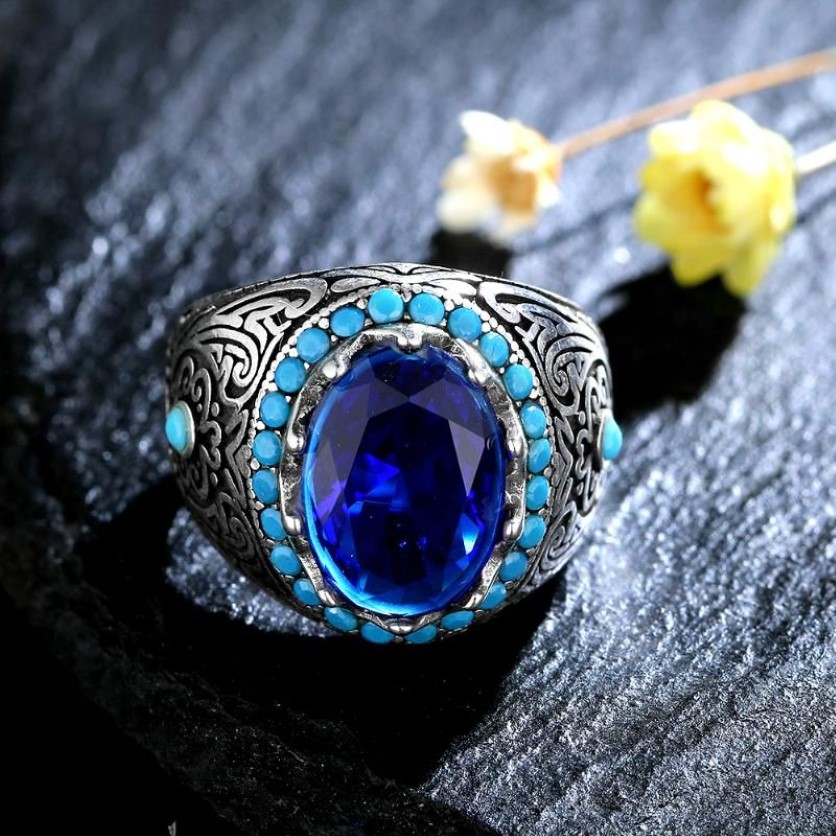 Anéis de cluster 925 anel de prata esterlina luxo safira azul escuro zircão pedra para homens mulheres gemstone jóias finas gift276u