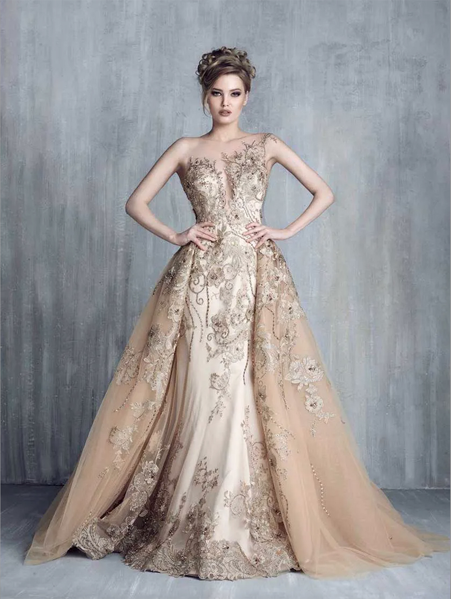 Tony Chaaya 2024 Evening Dresses With Detachable Train Champagne Beads Mermaid Prom Gowns Lace Applique Luxury Party Dress robes de soiree