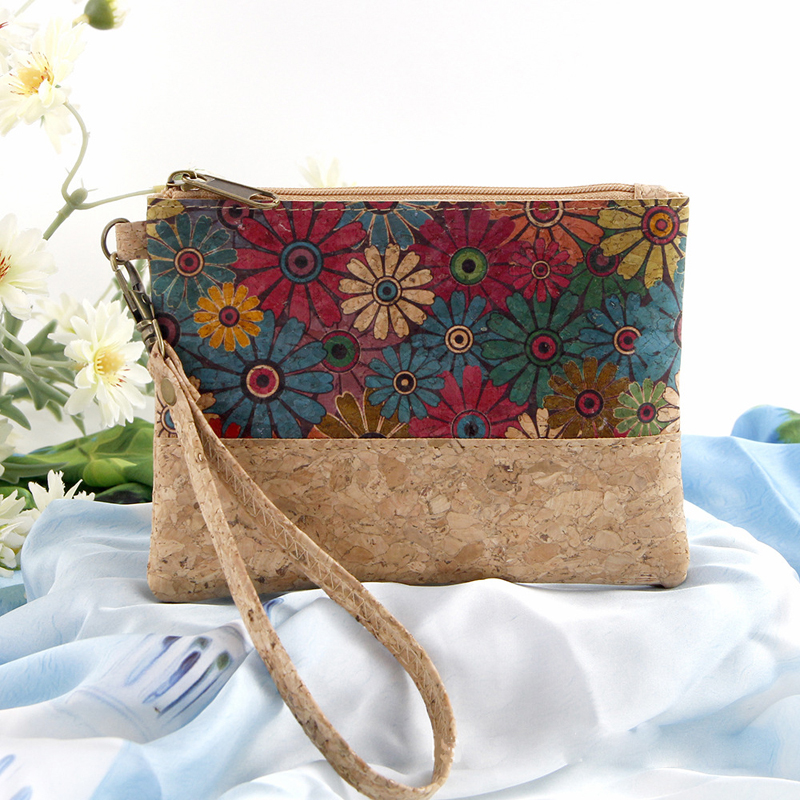 DHLCoin Purses Cork Leather Leaf Flower Geometry Printing Short Wallet With Wrist Mix Color