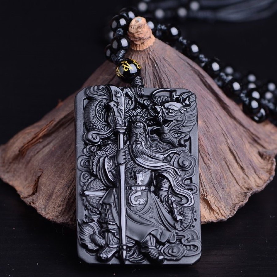 QIANXU collier bouddha obsidienne noire pendentif Guan Yun Dragon pendentif Jade bijoux en Jade bijoux fins S18101308304o