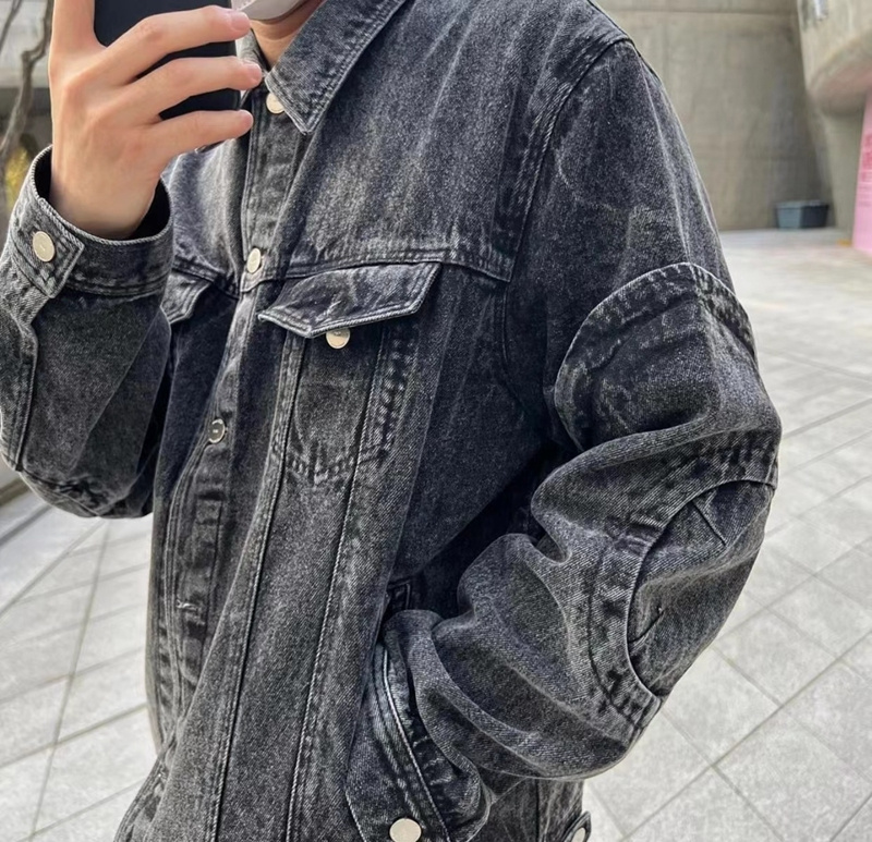 Streetwear Jacket Heavyweight Washed Black Denim Coats Men