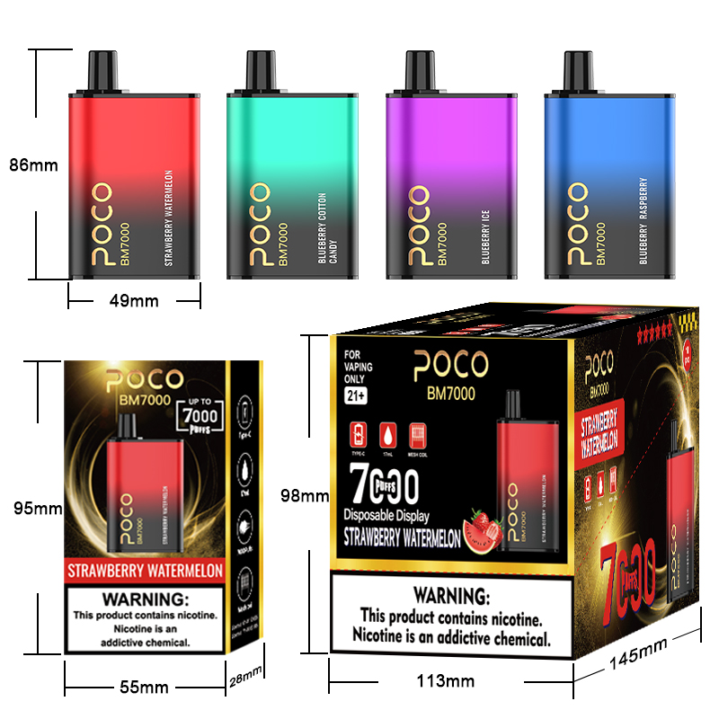 Oryginalny Vape POCO BM7000 Elektroniczny papieros Eu USA Warehouse Vape 7000 Puffs E-Carette ACKARUTEM Cewka siatki 17 ml 10 Smaki Urządzenie Najnowsze Vaper Pen Randm 7000