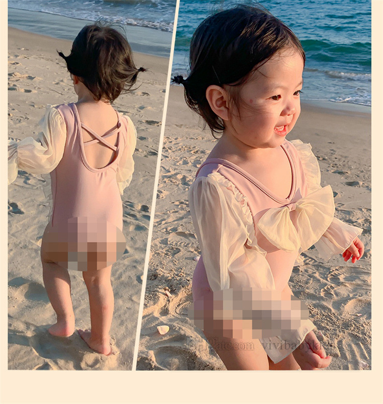 Sweet Girls Bows backless one-piece swimsuit kids splicing flare sleeve bathing costume summer girls holiday SPA beach swimming Z7194