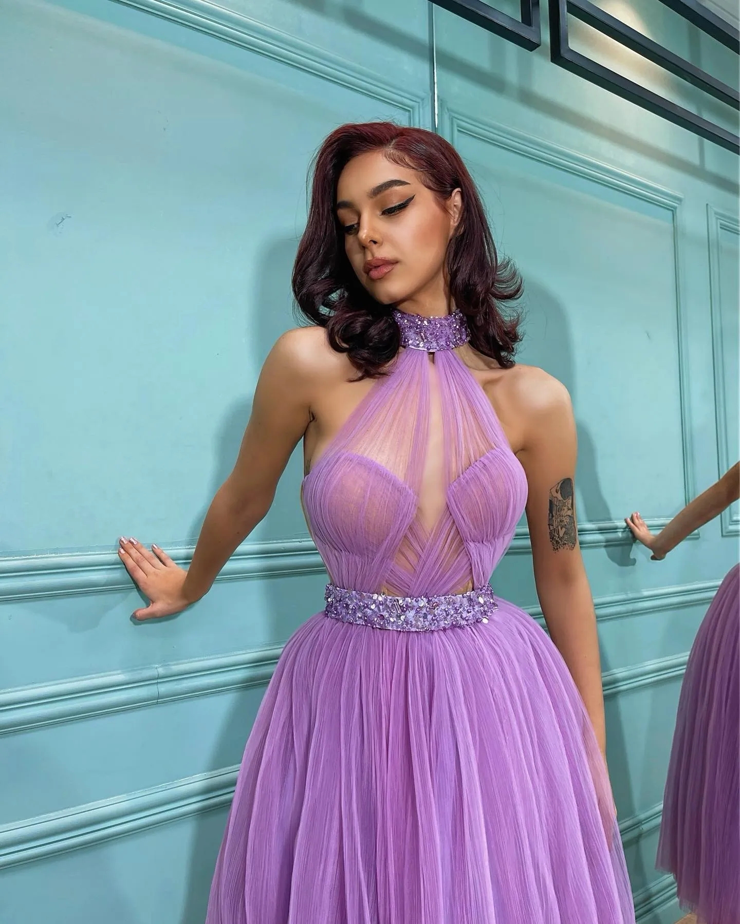 Moda lavanda abiti da ballo perline colletto paillettes perline abiti da sera pieghe lunghezza tè formale tappeto rosso occasione speciale vestito da festa YD